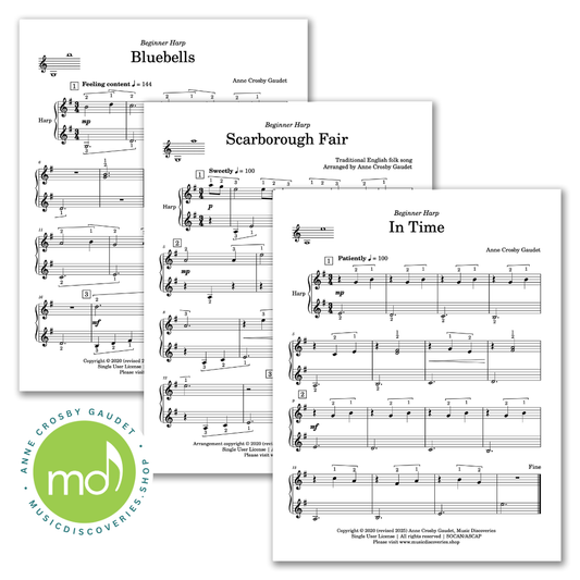 3 Easy Solos for Small Harp: In Time, Scarborough Fair, Bluebells and bonus warmups for beginners by Anne Crosby Gaudet