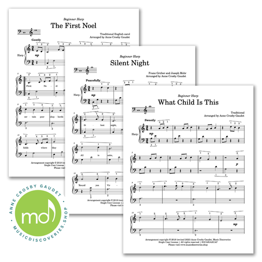 3 Easy Christmas Carols, arranged for small harp by Anne Crosby Gaudet