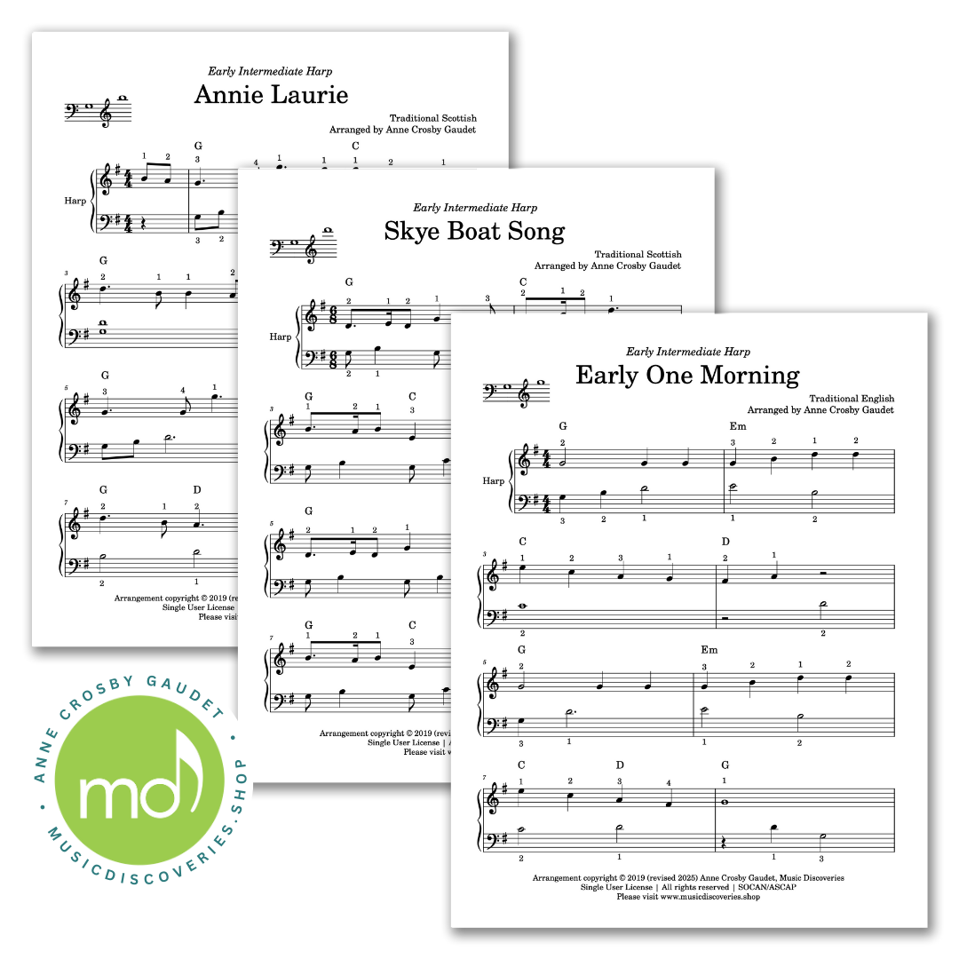 7 Traditional Tunes arranged for 19+ strings small harp by Anne Crosby Gaudet