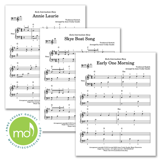 7 Traditional Tunes arranged for 19+ strings small harp by Anne Crosby Gaudet