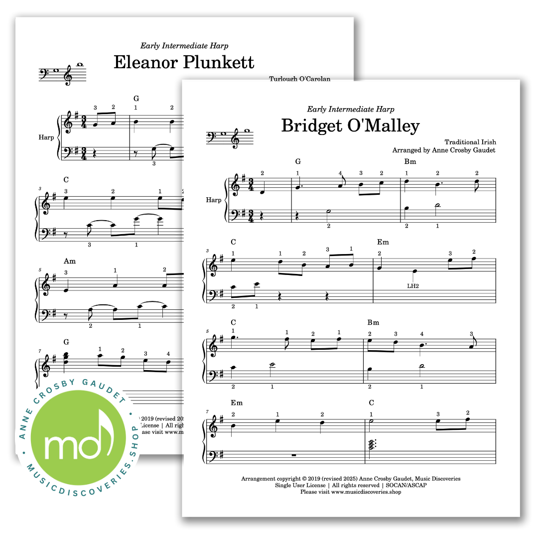7 Traditional Tunes arranged for 19+ strings small harp by Anne Crosby Gaudet