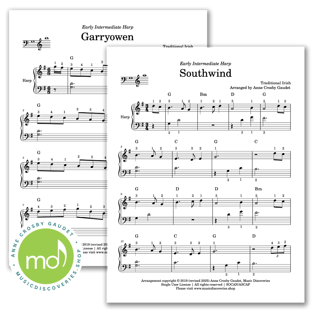 7 Traditional Tunes arranged for 19+ strings small harp by Anne Crosby Gaudet