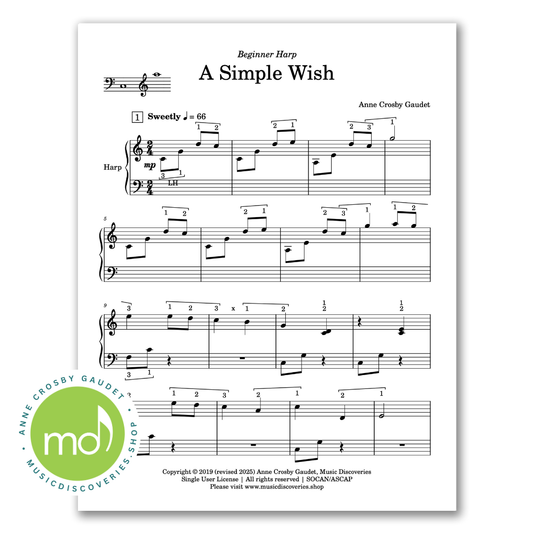 A Simple Wish, beginner harp music by Anne Crosby Gaudet