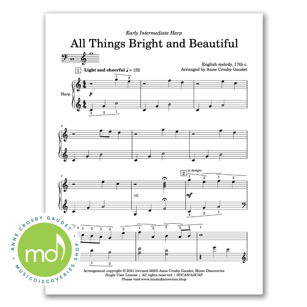 All Things Bright and Beautiful, harp sheet music arranged by Anne Crosby Gaudet