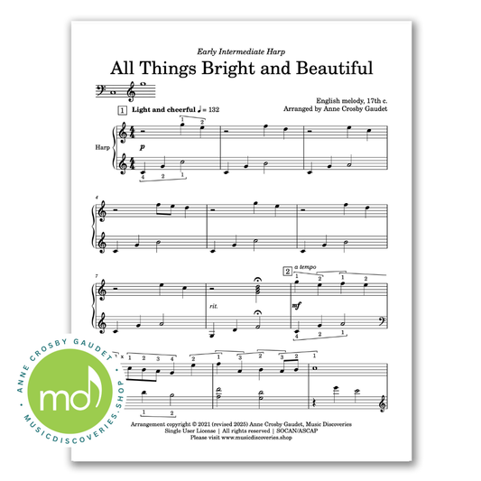 All Things Bright and Beautiful, harp sheet music arranged by Anne Crosby Gaudet