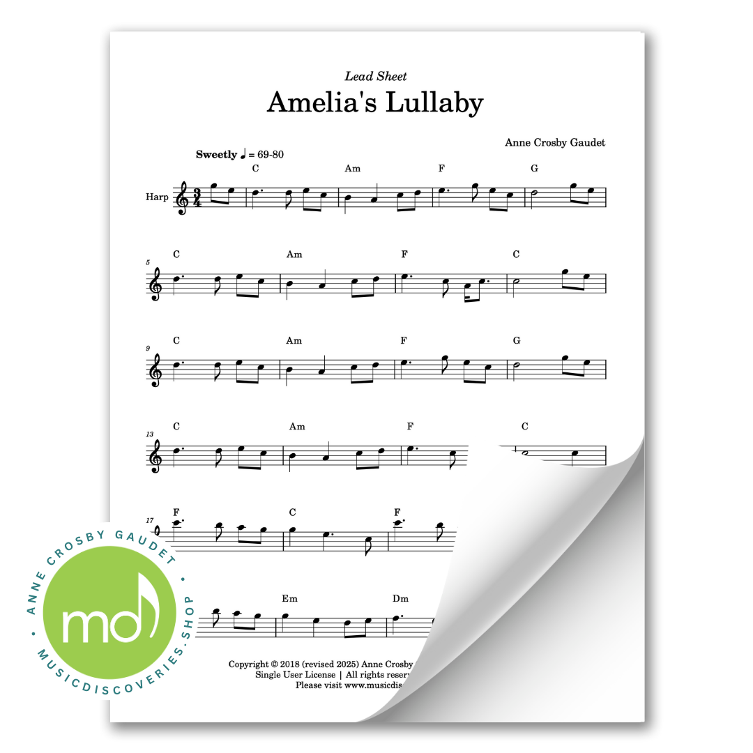 Sheet music for 'Amelia's Lullaby' with a corner curl effect on a white background.