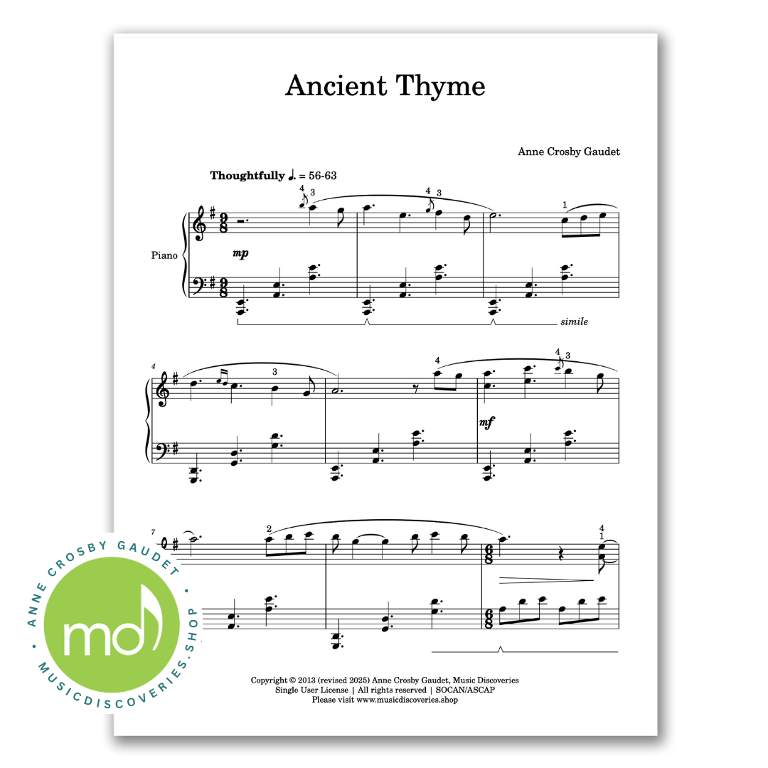 Ancient Thyme, mid-intermediate piano solo by Anne Crosby Gaudet
