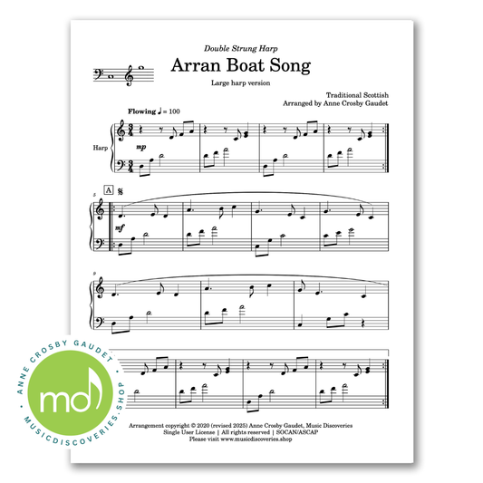 Arran Boat Song (traditional Scottish) arranged by Anne Crosby Gaudet for large double strung harp