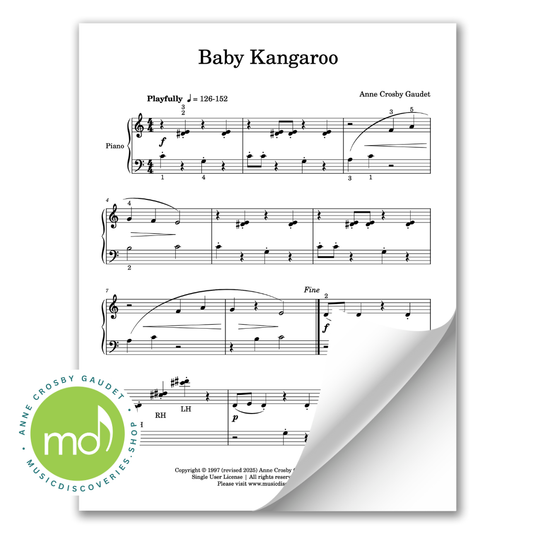 Sheet music for 'Baby Kangaroo' by Anne Crosby Gaudet with a visible logo in the corner.