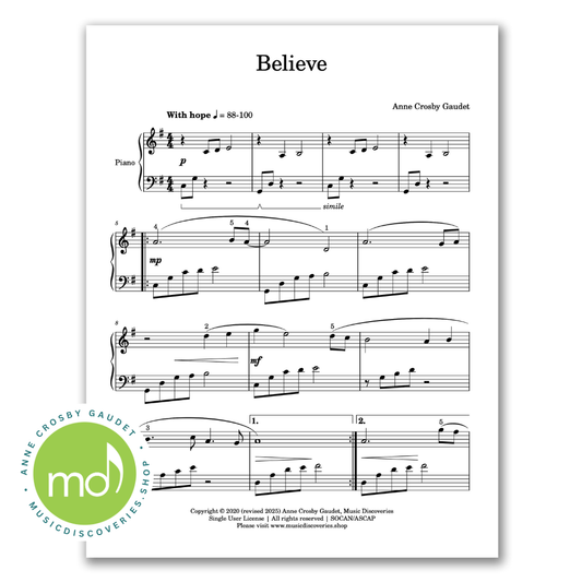 Believe, early intermediate piano solo by Anne Crosby Gaudet