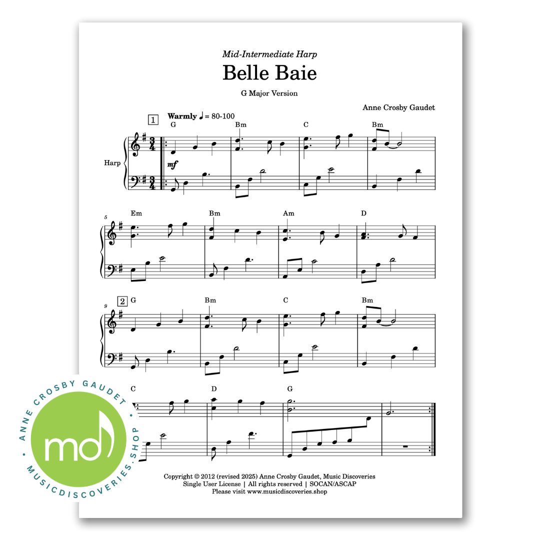 Belle Baie, mid-intermediate harp solo by Anne Crosby Gaudet