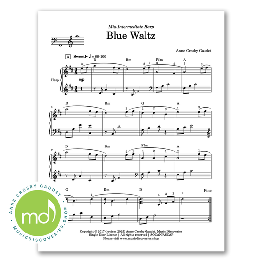 Blue Waltz, mid-intermediate harp sheet music by Anne Crosby Gaudet