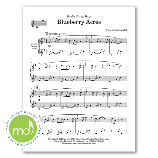 Sheet music for 'Blueberry Acres' by Anne Crosby Gaudet on a white background with a Music Discoveries logo.