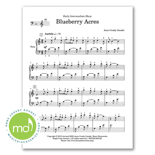 Blueberry Acres, harp sheet music with fingering support by Anne Crosby Gaudet