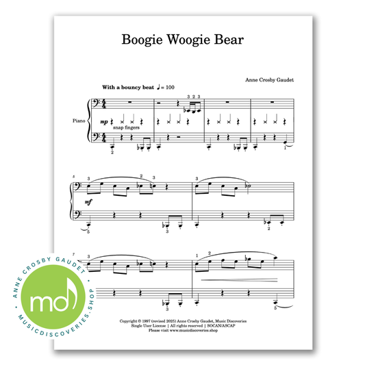 Boogie Woogie Bear, elementary piano sheet music by Anne Crosby Gaudet