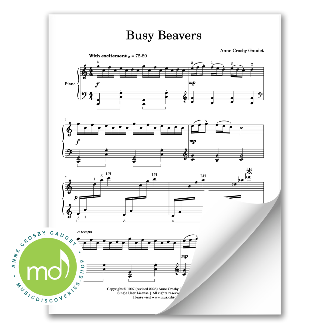 Sheet music for 'Busy Beavers' by Anne Crosby Gaudet with a visible logo in the corner.