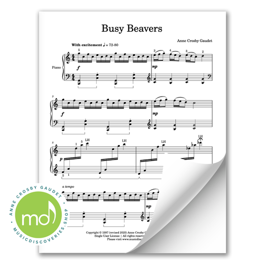 Sheet music for 'Busy Beavers' by Anne Crosby Gaudet with a visible logo in the corner.