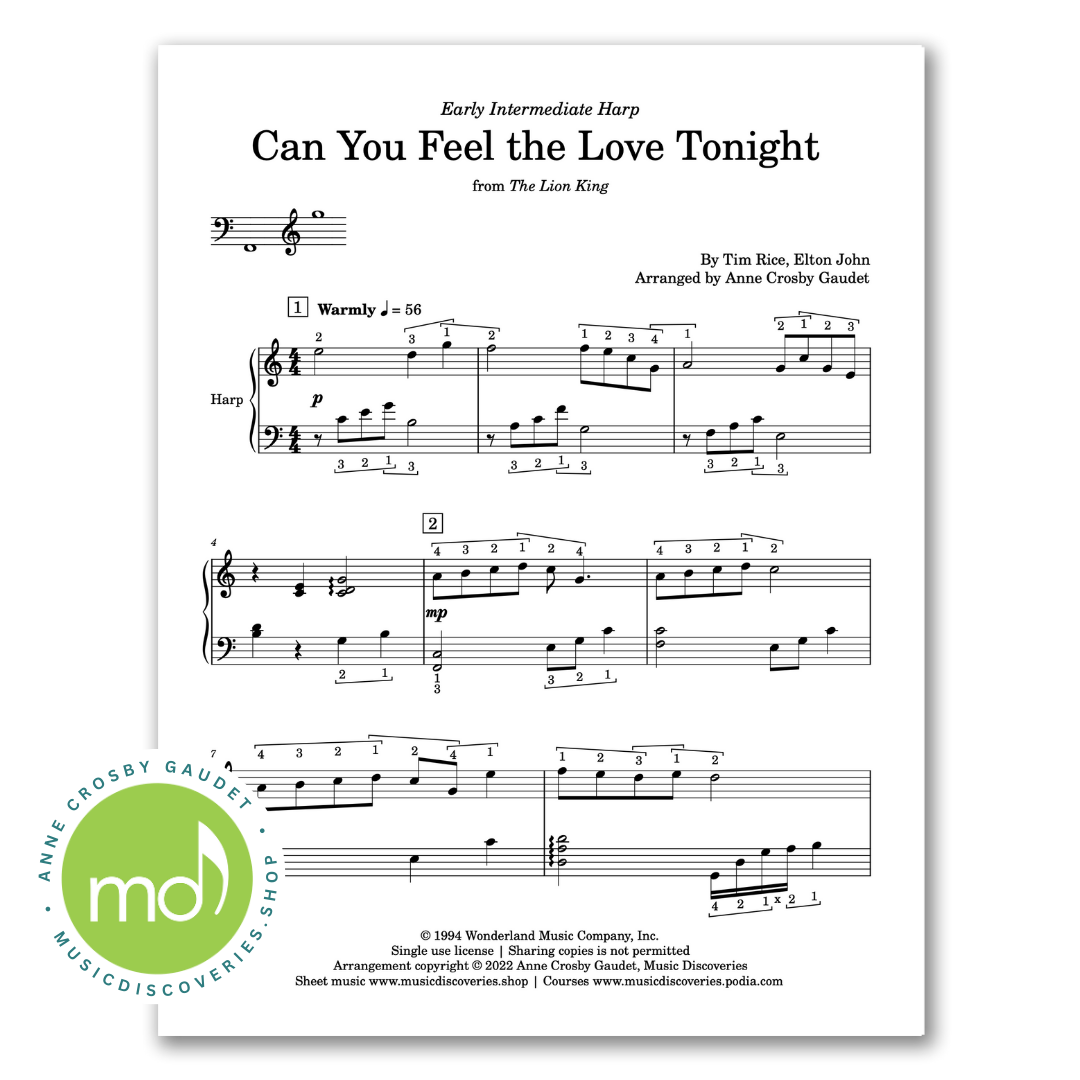 Can You Feel the Love Tonight, harp sheet music arranged by Anne Crosby Gaudet