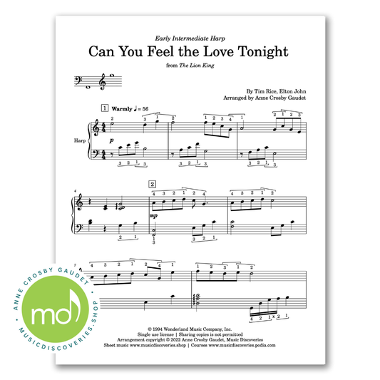 Can You Feel the Love Tonight, harp sheet music arranged by Anne Crosby Gaudet