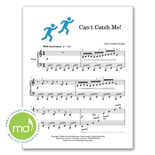 Can’t Catch Me is an early intermediate piano solo by Anne Crosby Gaudet