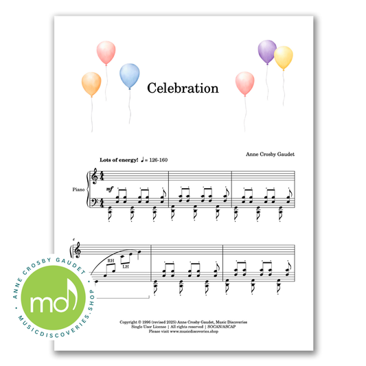 Celebration, elementary piano solo by Anne Crosby Gaudet