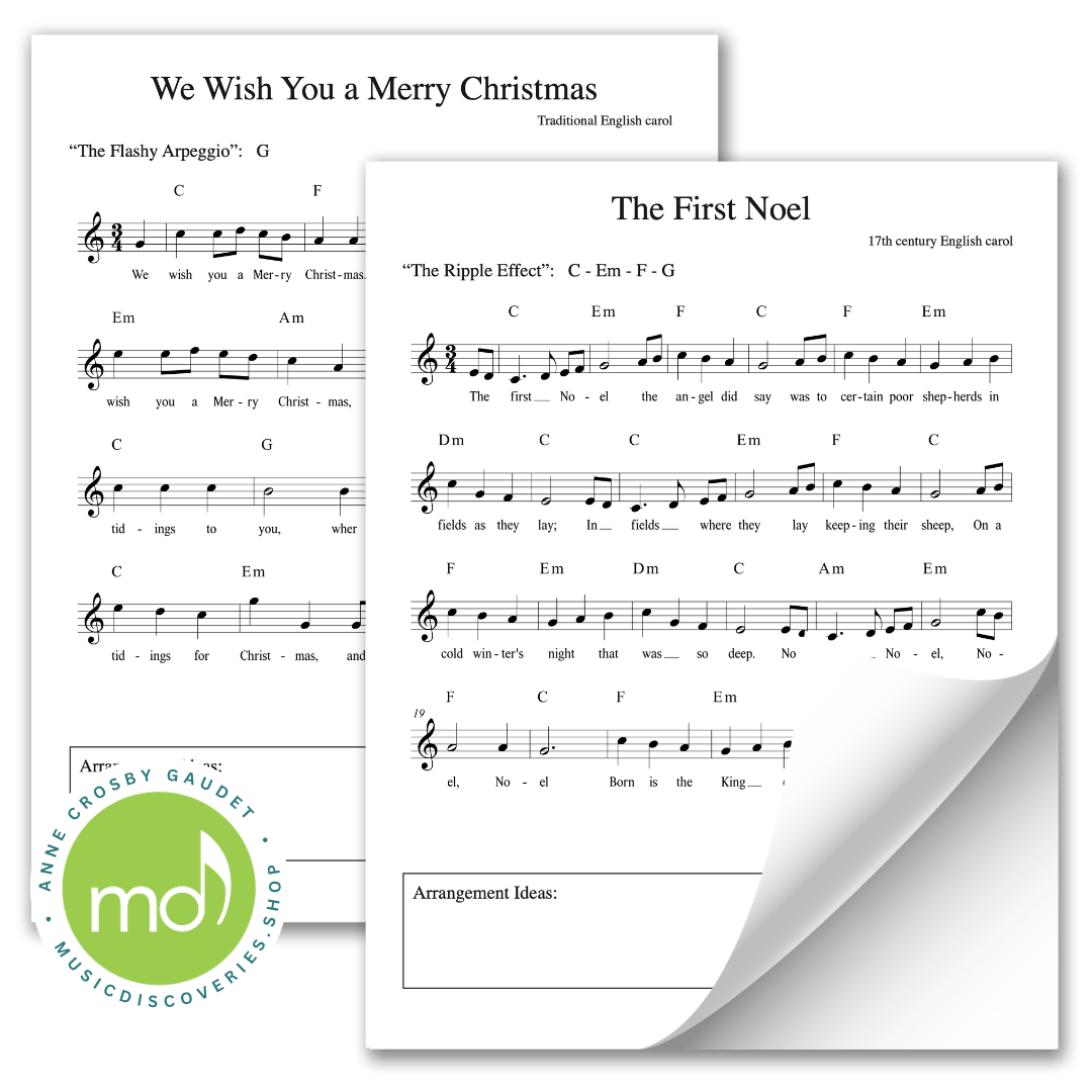 Sheet music for 'We Wish You a Merry Christmas' and 'The First Noel' with a visible brand logo.