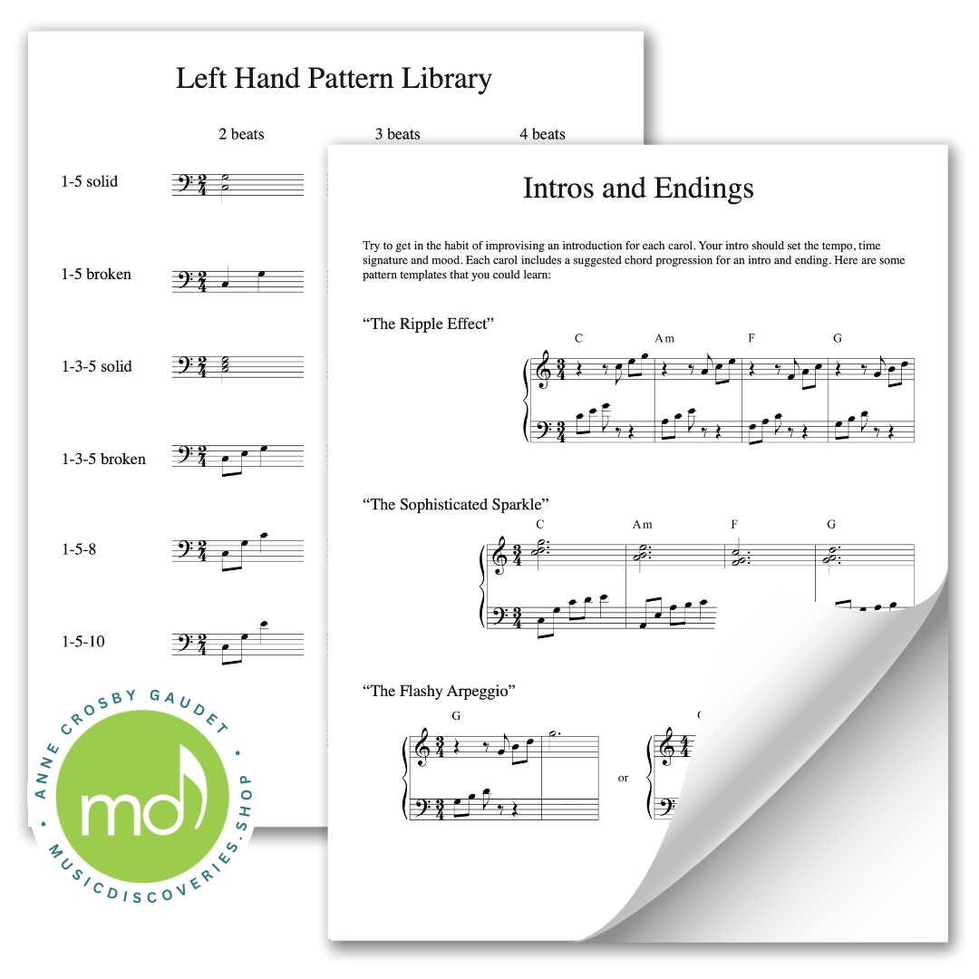Sheet music for piano with left hand patterns and intros and endings, featuring the Music Discoveries logo.