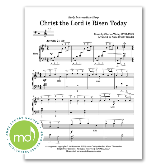 Christ the Lord is Risen Today, Easter hymn early intermediate harp sheet music arranged by Anne Crosby Gaudet