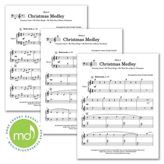 Christmas Medley Harp Trio, arrangement of Coventry Carol, We Three Kings and We Wish You a Merry Christmas by Anne Crosby Gaudet