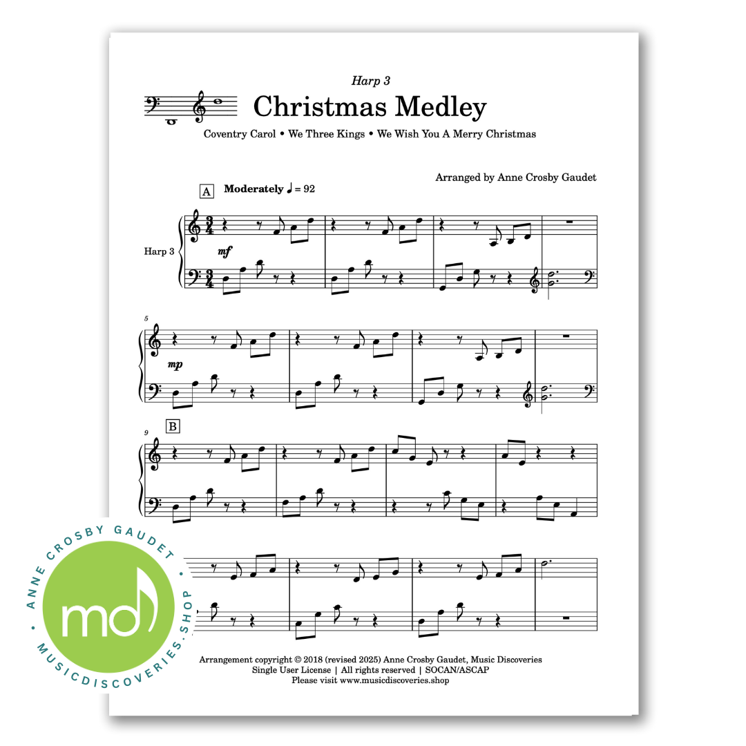 Christmas Medley Harp Trio, arrangement of Coventry Carol, We Three Kings and We Wish You a Merry Christmas by Anne Crosby Gaudet