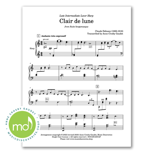 Clair de lune (Debussy), transcribed for lever harp by Anne Crosby Gaudet