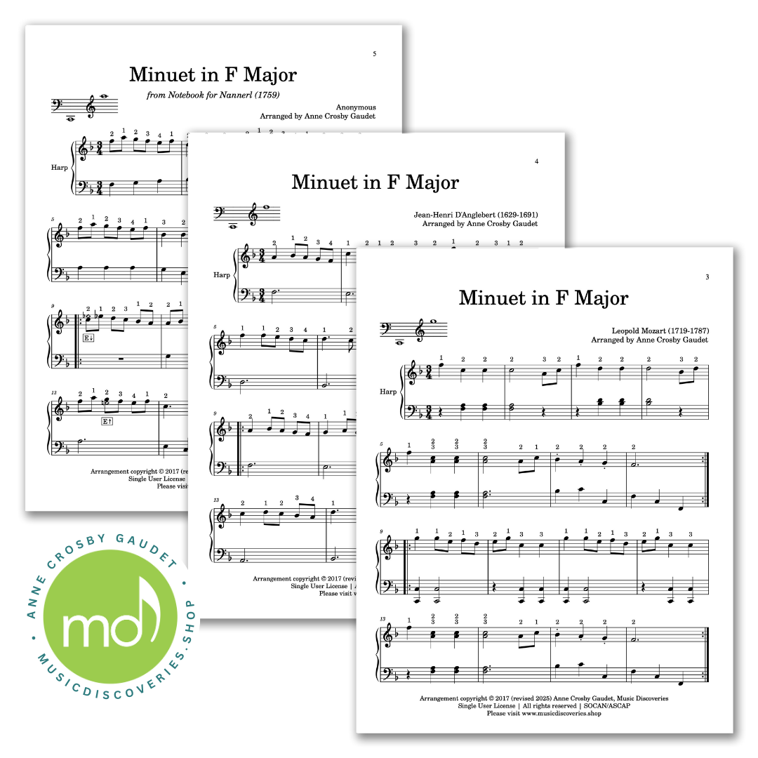 11 Classic Minuets, arranged for lever harp by Anne Crosby Gaudet