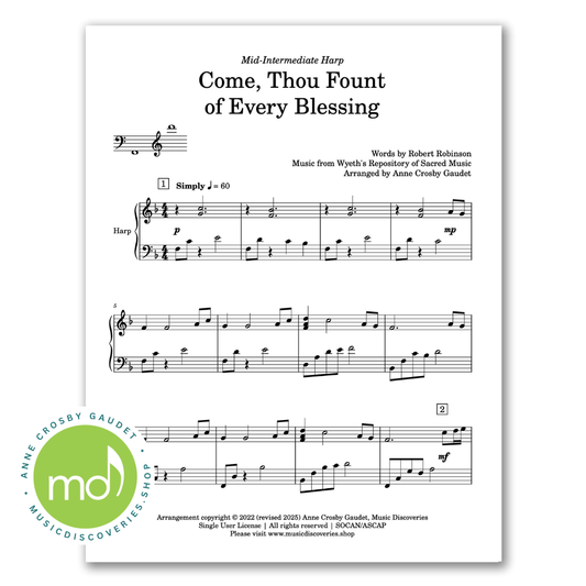 Come Thou Fount of Every Blessing, arranged for harp by Anne Crosby Gaudet