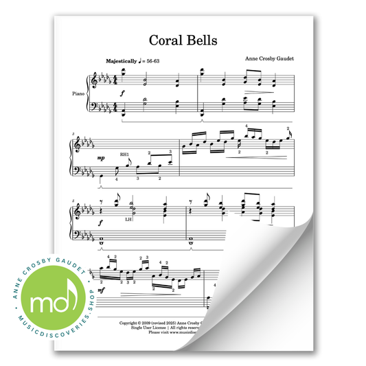 Sheet music for 'Coral Bells' by Anne Crosby Gaude with a visible logo in the corner.