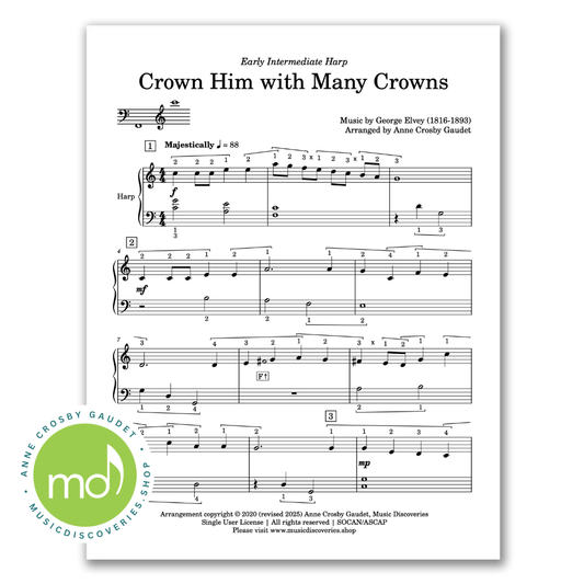 Crown Him With Many Crowns, Easter hymn arranged for early intermediate harp by Anne Crosby Gaudet