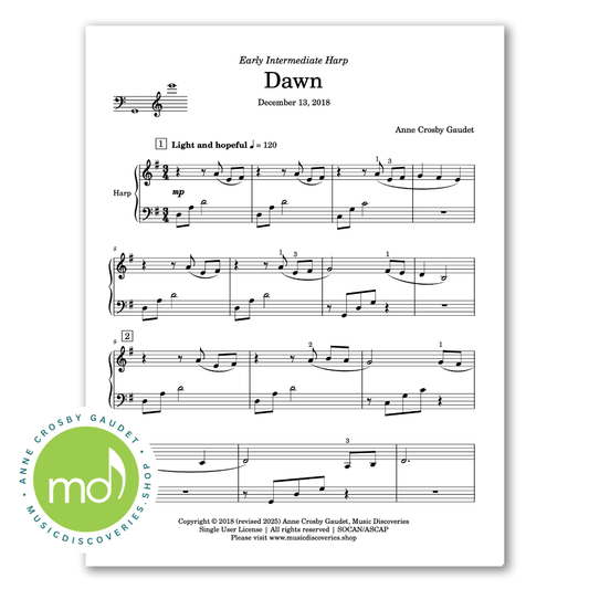 Dawn, early intermediate harp solo by Anne Crosby Gaudet