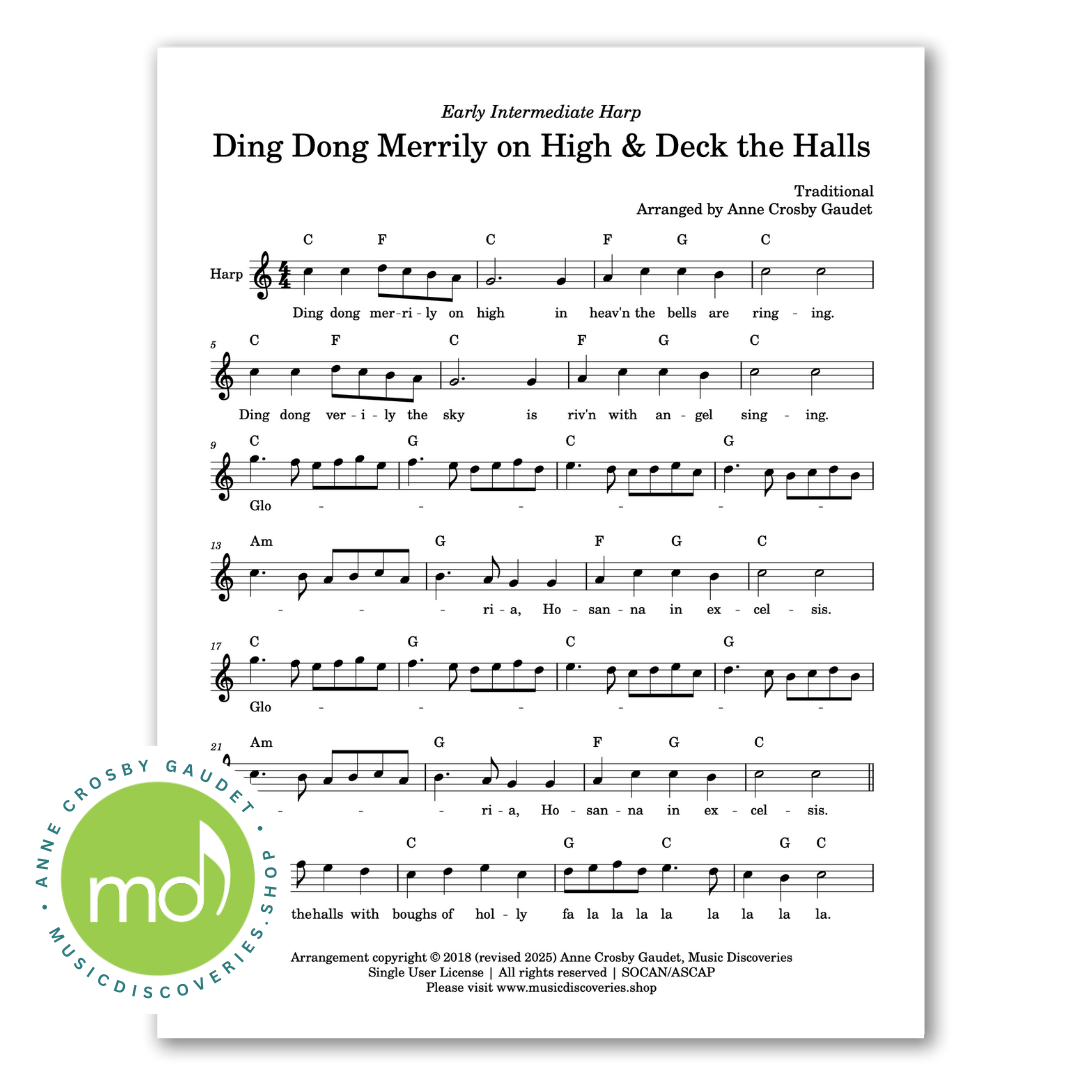 Ding Dong Merrily on High and Deck the Halls, harp lead sheet by Anne Crosby Gaudet