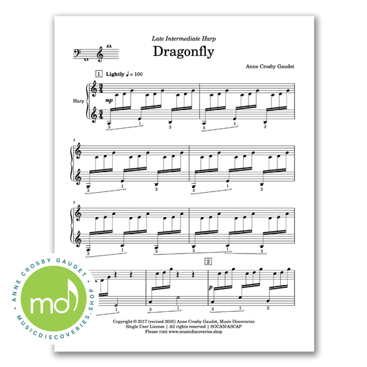 Dragonfly, late intermediate harp solo by Anne Crosby Gaudet