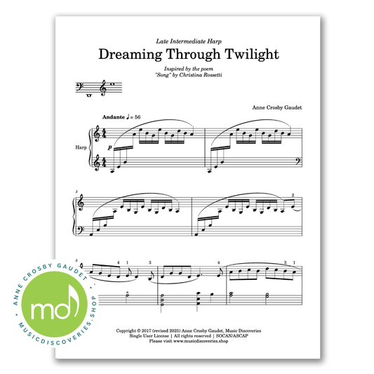 Dreaming Through Twilight, intermediate harp solo by Anne Crosby Gaudet