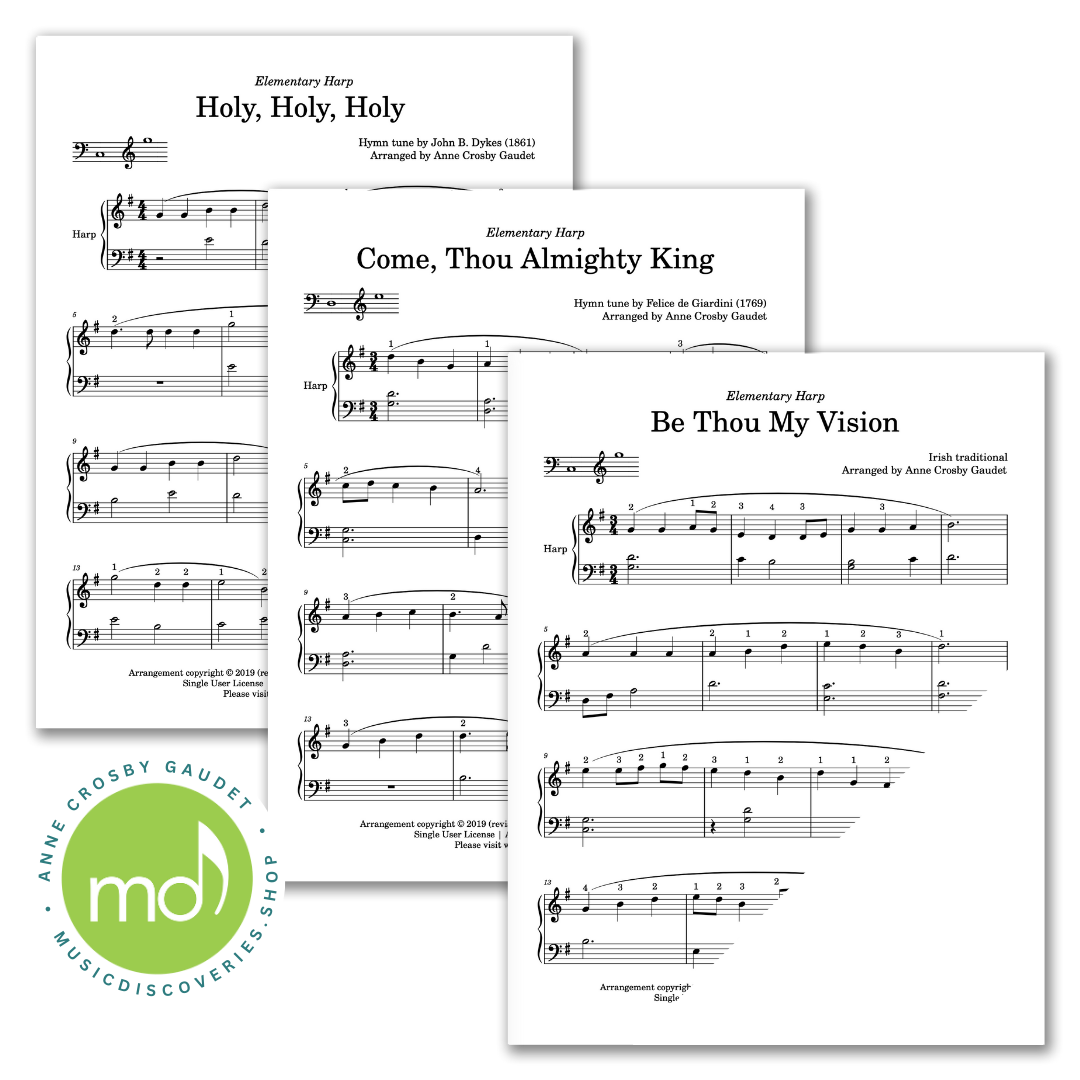 5 Easy Hymns, elementary arrangements for small harp by Anne Crosby Gaudet