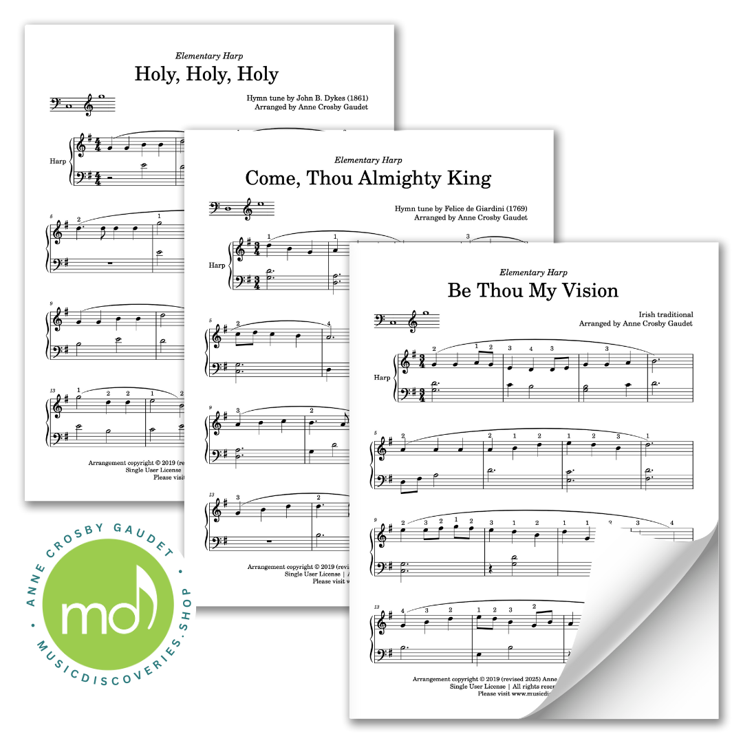 Sheet music for harp with three pieces titled 'Holy, Holy, Holy', 'Come, Thou Almighty King', and 'Be Thou My Vision'.