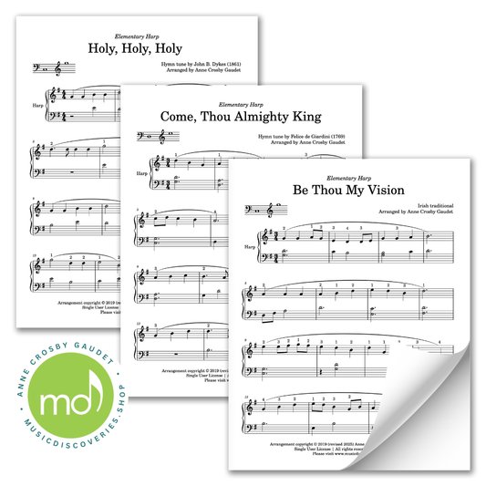 Sheet music for harp with three pieces titled 'Holy, Holy, Holy', 'Come, Thou Almighty King', and 'Be Thou My Vision'.