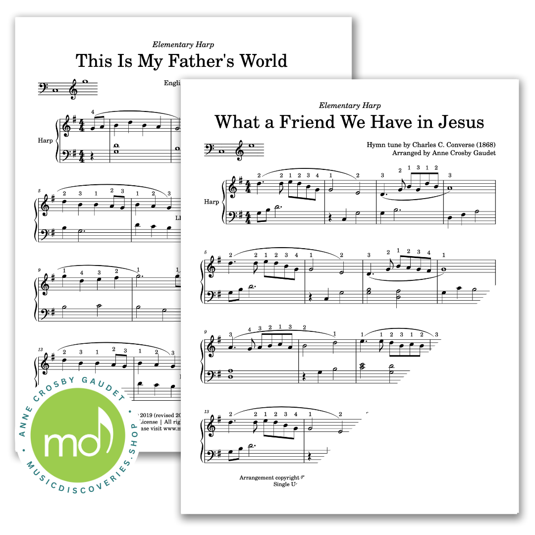 5 Easy Hymns, elementary arrangements for small harp by Anne Crosby Gaudet