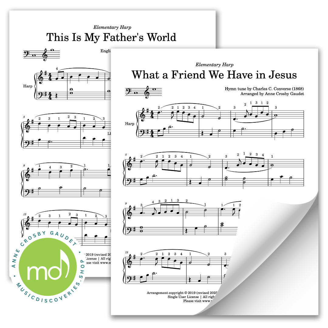 Two sheet music pages for harp with musical notation and a visible brand logo.
