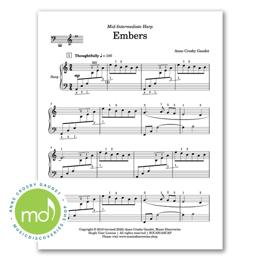 Embers, mid-intermediate harp sheet music by Anne Crosby Gaudet