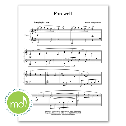 Piano sheet music for 'Farewell' by Anne Crosby Gaudet with a logo in the corner.