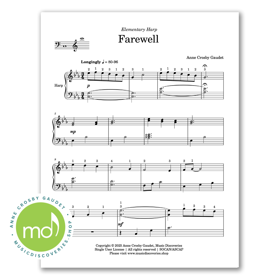 Farewell, elementary harp sheet music by Anne Crosby Gaudet