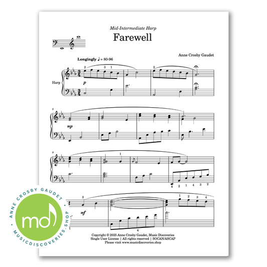 Farewell, mid-intermediate harp sheet music by Anne Crosby Gaudet