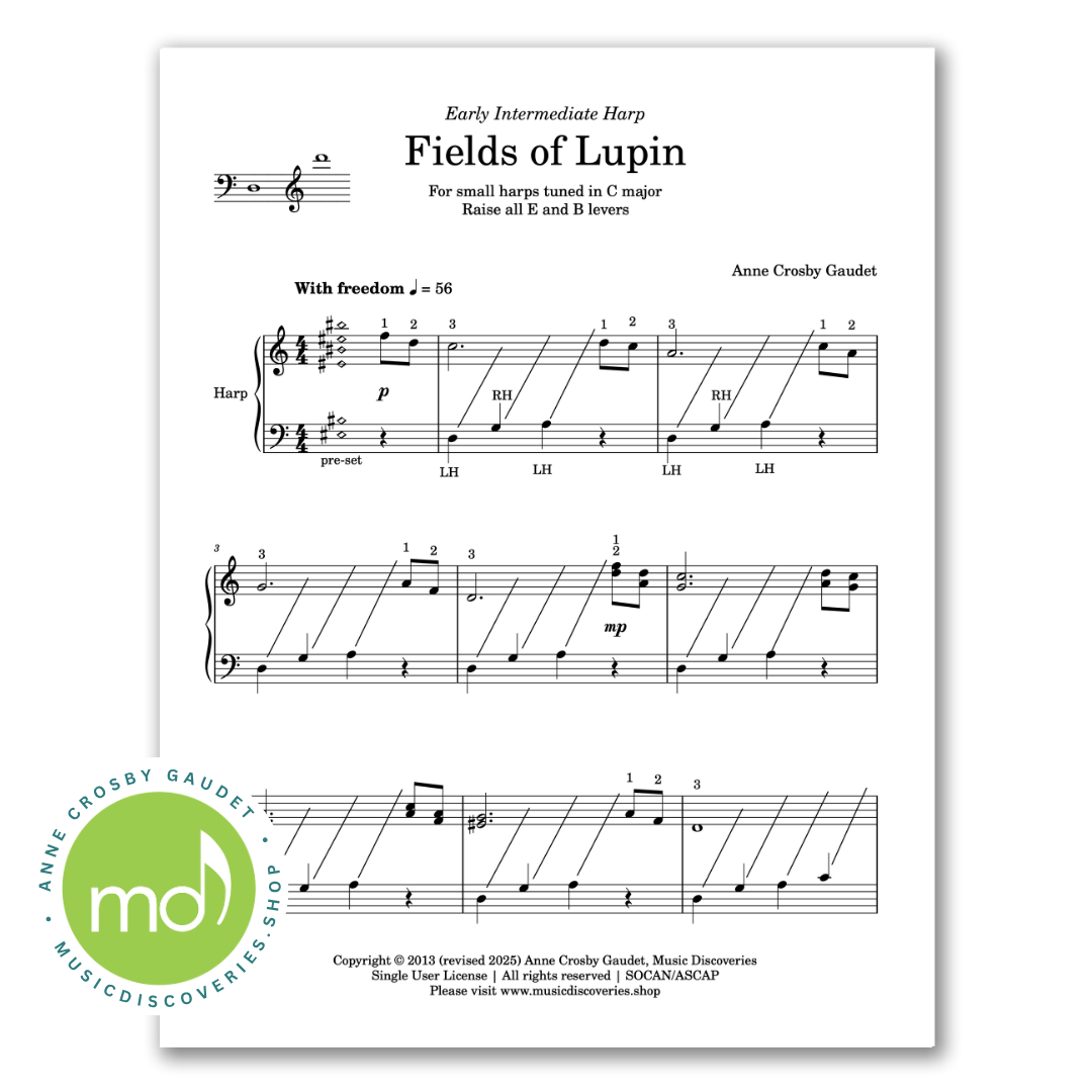 Fields of Lupin, harp sheet music (C major tuning) by Anne Crosby Gaudet