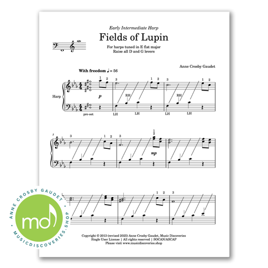 Fields of Lupin, harp sheet music (E flat major tuning) by Anne Crosby Gaudet